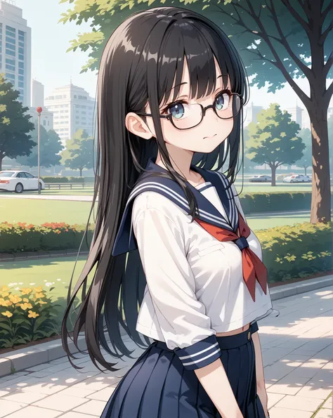 black hair, Long Hair, Had,Glasses, Short sailor suit, , sweated,Park with lawn、Young face、、 animation、4K、I'm not wearing a skirt、No panties、 sitting on a bench 、 embarrassed expression、 holding white socks 、Black leather shoes、My legs are wiggly 、I&#...