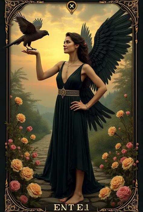 **Prompt:**  
"Design a tarot card inspired by the Nine of Pentacles from the Rider-Waite deck, infused with symbolic elements from the Death card and the presence of Azrael, the Angel of Death. The Nine Pentacles are depicted as nine radiant, intricately ...