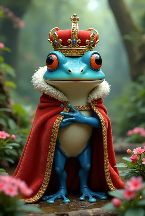 He is the king of frogs, wearing a crown and a red robe, his skin is blue, he is cute