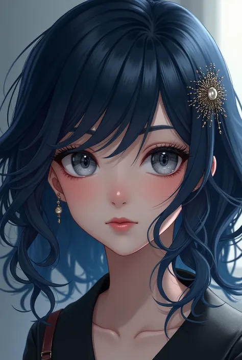  A girl with dark blue hair , wavy, gray eyes,  a dark complexion and a mole on her right eyebrow, What an elegant hiate 