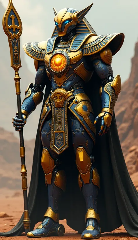 A pharaoh-themed robot with gold and blue metallic plating, its chest glowing with a sun and pyramid symbol. Its cape is black with golden hieroglyphs, shredded. Equipped with an ankh-shaped staff and energy shield.