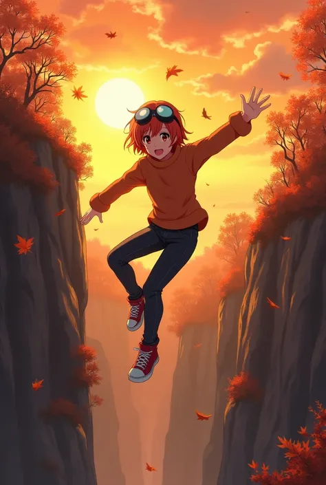 girl in orange sweater, black jeans, sneakers, short orange hair, welding goggles, falls down of the edge into the pit like, sunset, autumn, anime.