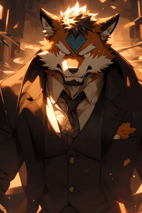 1man, Solo, Best Quality, 8k, From Side, Anime, Male Gender, A Orange Fox, Wears Black Suit With Black tie , Looking at the viewer, Angry, Biting Teeth