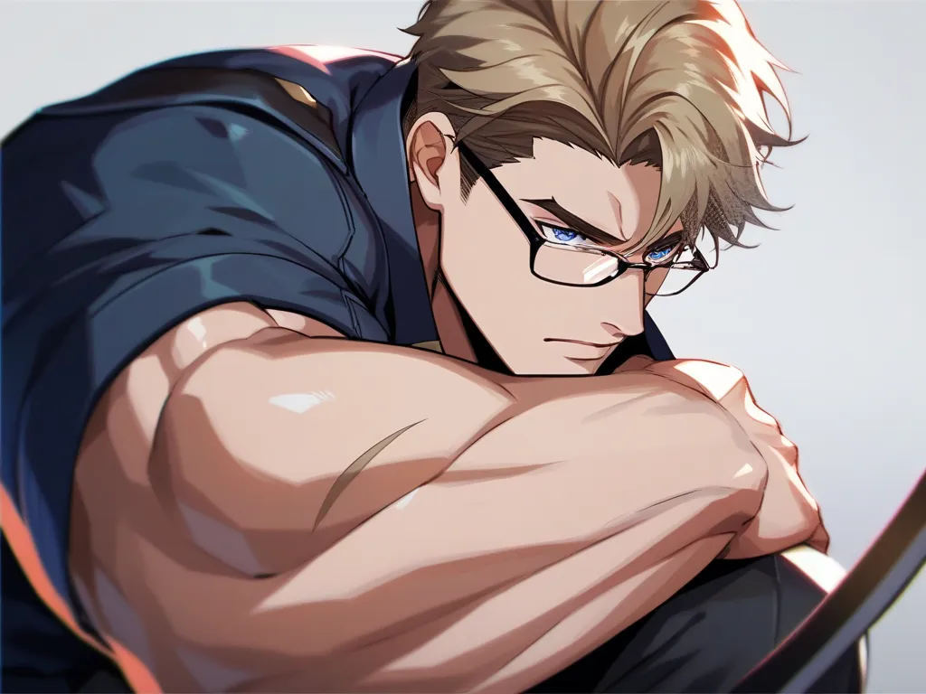 blue pupils, pectoralis major, glasses,blond，short hair， black military uniform ，police boots，  bigger muscles， scar german styl...