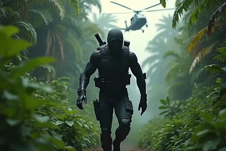 Solid Snake from Metal Gear Solid 5 with his stealth suit but that the suit is black and he is in a place of vegetation with a combat helicopter looking for him in the air