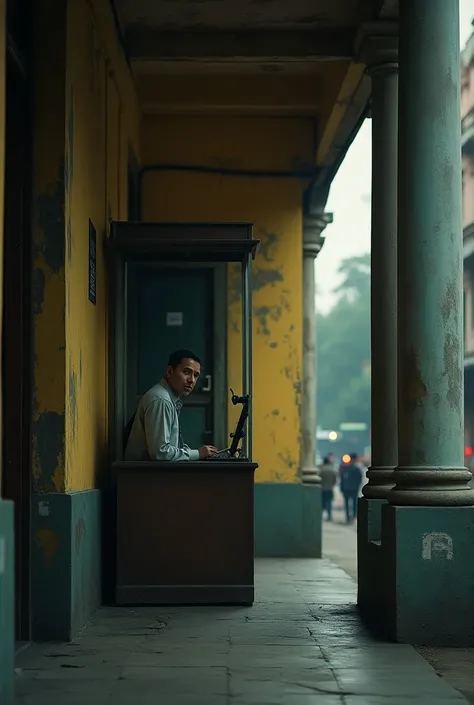 

Security guard in his cubicle outside an old hotel in Kolkata 


Muted Color Palette: The color grading is predominantly desaturated with cool tones (yellow, green, black), creating a cold, dramatic atmosphere. Theres minimal contrast with subtle highlig...