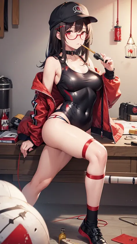 jacket partially removed, heart in eye, burnt clothes, holding fishing rod, kanji, doujin cover, pentagram, tape gag, adjusting headwear, red socks, friends, cloud print, coke-bottle glasses, oral invitation, competition school swimsuit, barbell piercing, ...