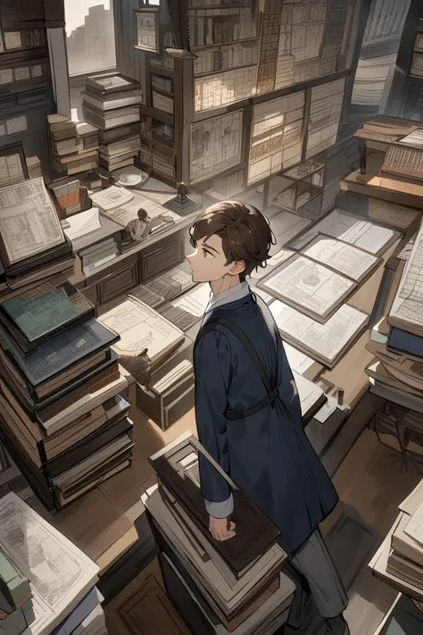 A tall and attractive young male architecture student with wavy brown hair and brown eyes, surrounded by books, Architectural models and architectural sketches in his study, looking thoughtful. The scene is colorful and painted in a Japanese manga styl