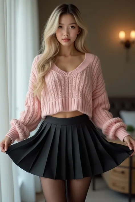 Age 20、Beauty、Asian Face 、blonde、Big Breasts、Waistline、 Height: 167cm 、  light pink knit sweater 、 design with a slightly wider neckline and slightly visible collarbone、  black pleated skirt about 15 cm above the knee 、  black pantyhose ,  lifts up her ski...