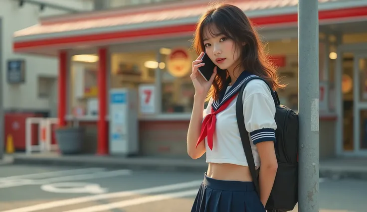 Perfect composition, Proper placement, Golden Ratio, masterpiece, Best Quality, from side:1.331,  A beautiful Japanese woman is standing in front of a convenience store ,  Leaning against a pole-shaped car stop , Talking on iPhone , squirm,  Shes a famous ...