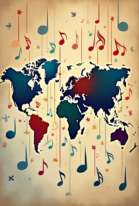  - A map of the world with musical notes instead of countries, that connect to each other through colorful lines .