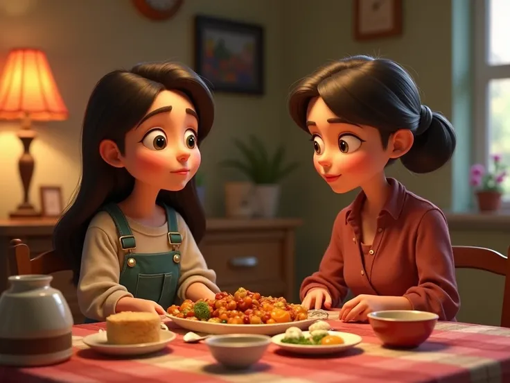 René is ,  and puts all the spoiled food she picked up at the dump on the table, And her mother Larissa is moved by her dear son . 3D style disney