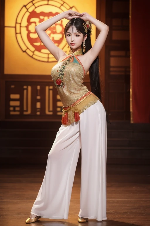 The woman is wearing an ancient dance costume, including a full-length halter top blouse, and chiffon trousers on the bottom. She is an oriental beauty with a very Chinese style. The costume is very Song Dynasty style. She has her back to the woman, her pa...