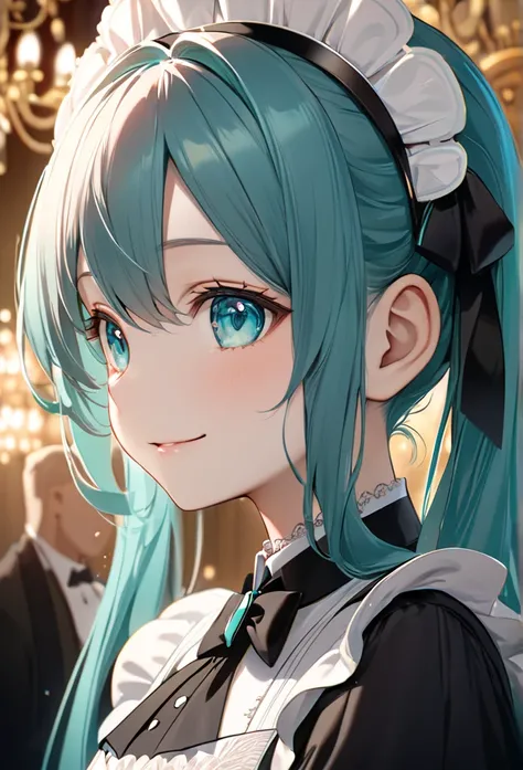 Upper body close-up（((masterpiece), on)""A young woman with Hatsune Miku-inspired facial features, wearing a butler-style maid outfit. Her cheeks are slightly flushed, and she gazes upward with bright, clear eyes, giving an encouraging smile to her master....