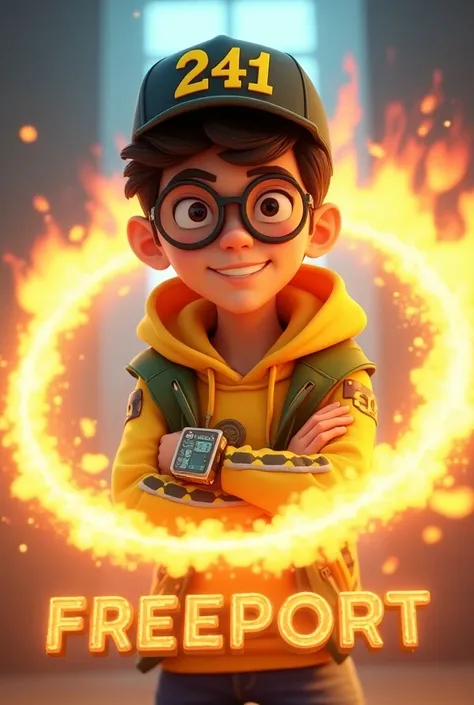 "A teenage boy in a 3D animation style with a confident expression, wearing a yellow and green hoodie and a baseball cap with the text 241. He has large round glasses and a futuristic digital watch on his left wrist. A glowing ring of fire surrounds him, c...