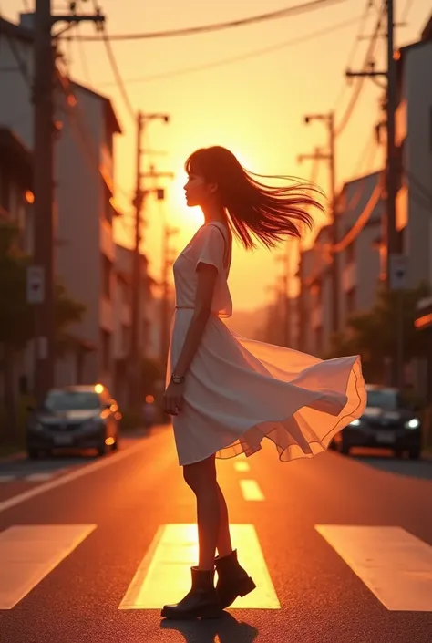 At dusk in the streets of Japan 、 a scene where a soft orange sunset envelops the city 。 backlighting 、 Beautiful lens flares spread all over the screen 、 atmosphere 。 a beautiful Japanese girl is placed in the center of the screen 。 her silhouette stands ...