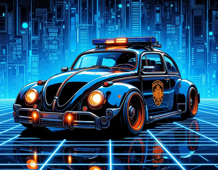 (masterpiece:1.2),( best quality),(Super detailed),(  super high definition ),(  Best Illustration ),8k, wallpaper, Car of the Future,Police vehicles influenced by the Volkswagen Beetle,Vector art,Layered Textures  ,progressive,SF,  Cyberpunk ,( The backgr...