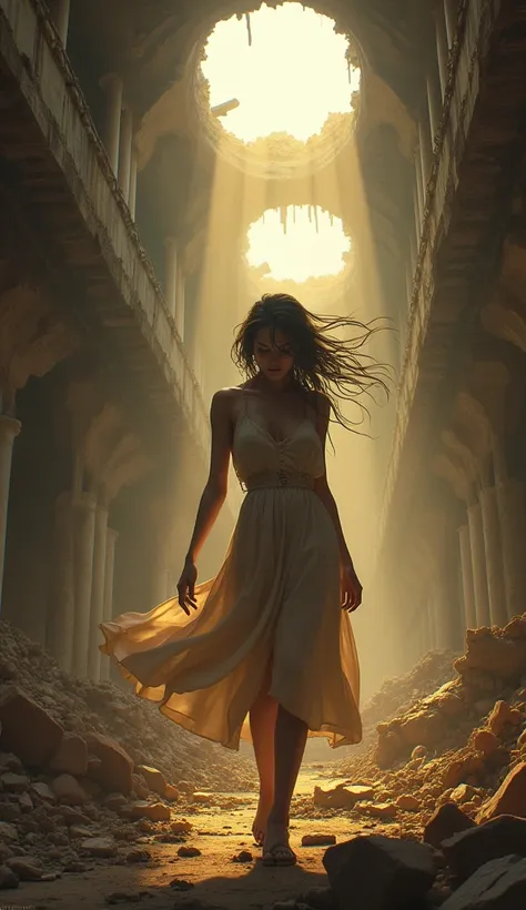  High resolution, realism, Women , Playing in ruins , sunset,  ray of light enters through a hole in the ceiling, Women esvelta de unos 40 años,  with a melancholic look ,  post-apocalyptic dress , 