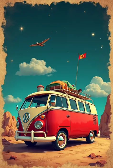 A poster for a trip, a van with red colour parked inside a map  in the map three locations marked, a night background 