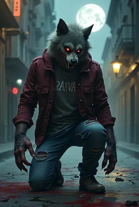 Burgundy jacket , red eyes,  gray t-shirt with the word Raval written, Ripped jeans,  gray Nike Air Jordan sneakers , " werewolf hands",  kneeling , torn clothes,  smoke-cracked floor ,  its raining,  city of Barcelona , streetlights illuminating ,  full m...