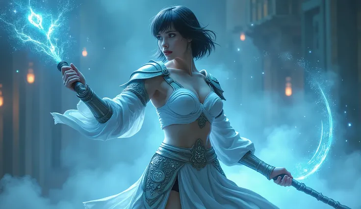 A sexy russian girl, holding a staff, combat posture, martial arts movements, body surrounded by blue mist, runes around, holographic reality, holographic halo, motion blur, game light effects, edge light, soft light, movie edge light, delicate light, mast...