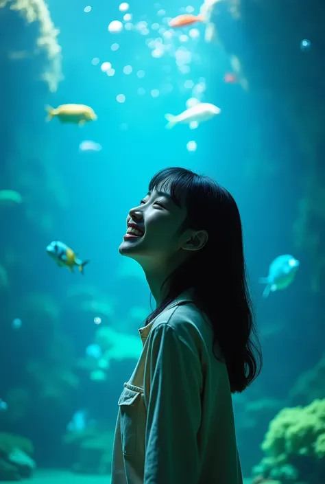 A vividly captured photograph of a (20-year-old Japanese woman:1.3) enjoying her time at an aquarium. She is (standing in awe) before a large, captivating aquarium display filled with (various marine life:1.2). The (ambient light of the water tanks) casts ...