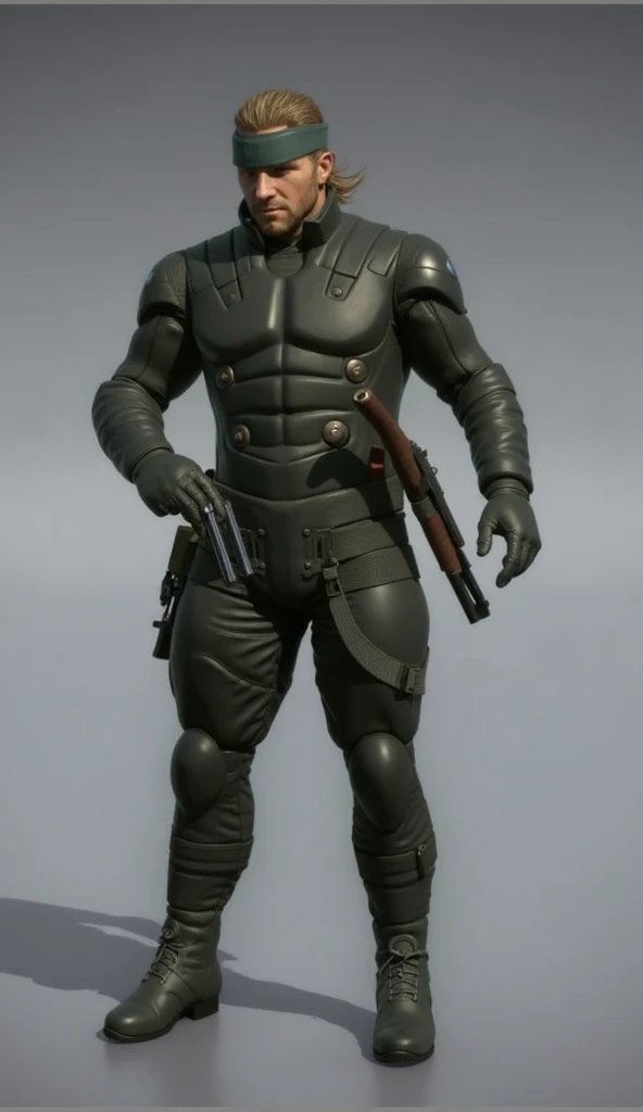 The same character in the reference who is from Metal Gear Solid 5 with his stealth suit but that the suit is black and carries an assault rifle on his back with blue-green night vision lenses and are monofocal and is in a place of dark vegetation with a R...