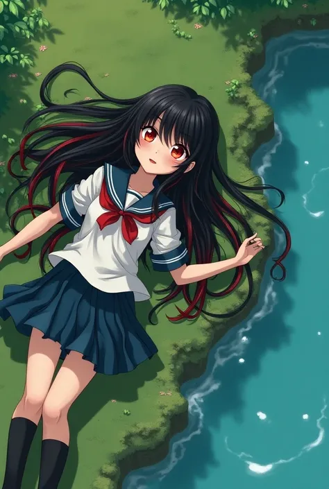  a girl with long black hair with red locks,  ruby eyes,   lying on the grass next to a lake of crystal clear water , She wears a high school uniform ,  next to a boy has moss hair also wearing a high school uniform,  emerald eyes , parts,  the boy uses th...