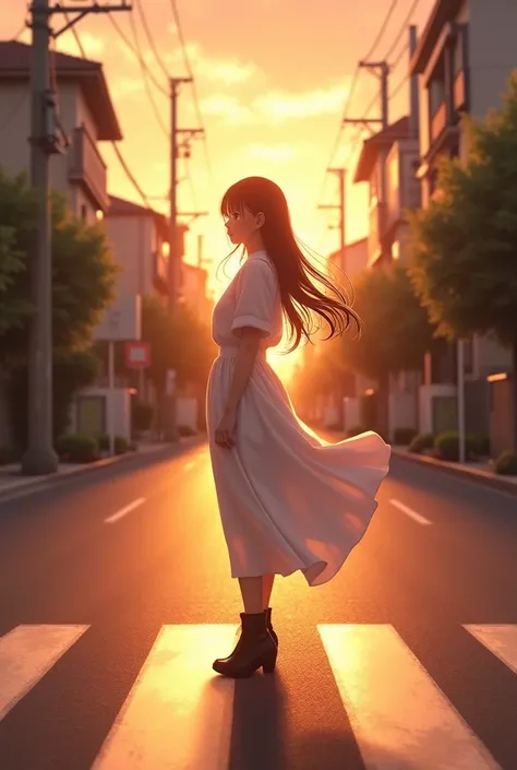 At dusk in the streets of Japan 、 a scene where a soft orange sunset envelops the city 。 backlighting 、 Beautiful lens flares spread all over the screen 、 atmosphere 。 a beautiful Japanese girl is placed in the center of the screen 。 her silhouette stands ...