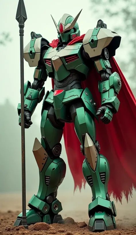 A combat machine for Italy, with metallic green, white, and red plating, gladiator-like armor, and a spear-like weapon. Its torn cape is designed as the Italian flag.