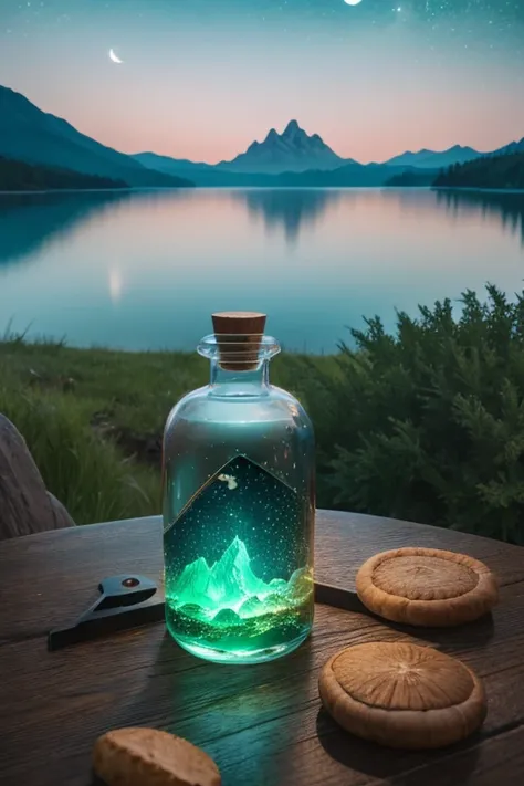  A giant bottle with a majestic lake ,  High quality and highly detailed scene  ,  Octane Rendering ,  starry sky  , dream , Giant green moon , Heavenly Treasure , inspiration,   imagination  