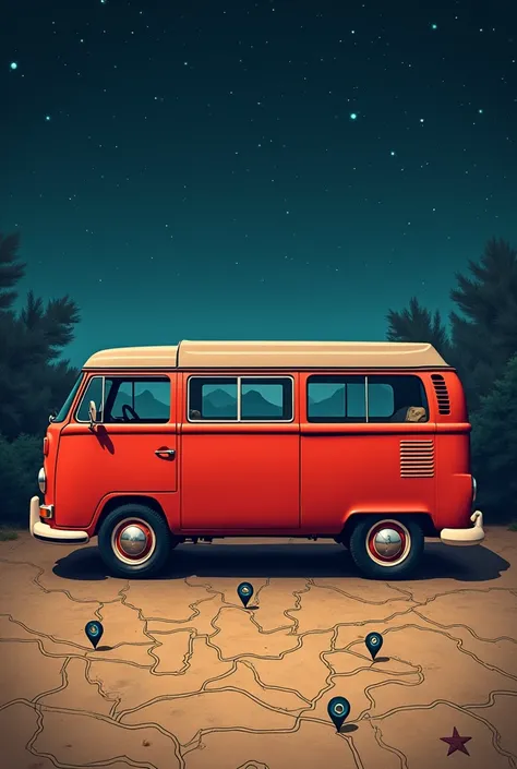 A poster for a trip, a van with red colour parked . A map with three locations marked .
a night background 