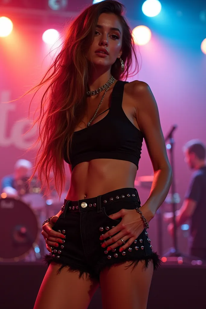 The outfit the person is wearing appears to be a crop top and high-waisted studded shorts, which could be considered a punk or edgy fashion style. While I cannot identify the individual, the image shows a young woman with long brown hair posing at what see...