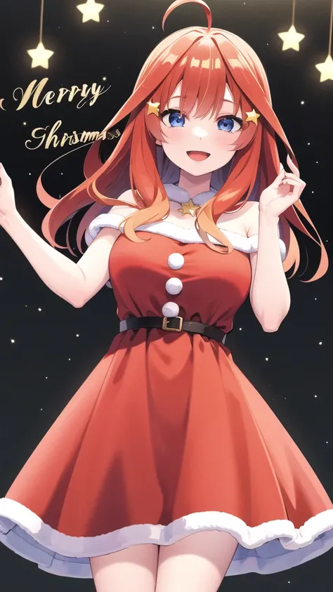 masterpiece, best quality, highres, aaitsuki, long hair, ahoge, star hair ornament, merry christmas Dress, smile, open mouth, standing, cowboy shot,