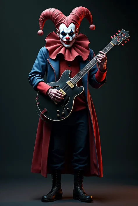 Create a 3D game character of a creepy court jock who wears a uniform of red and blue colors, your face is painted white and your mouth is outlined in red , he holds a black guitar mixed with red 