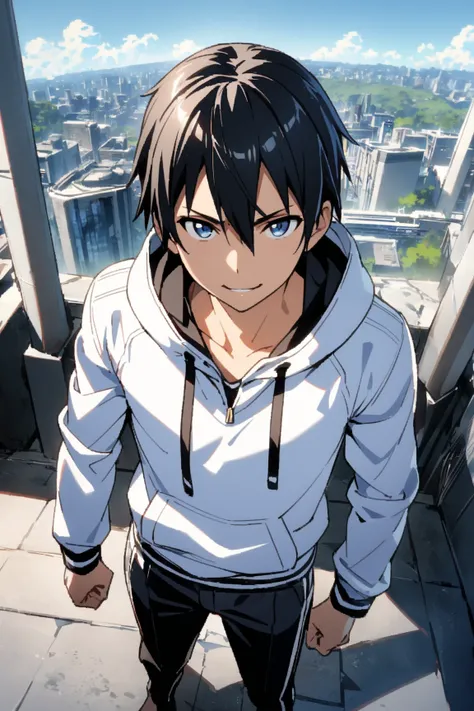 masterpiece, 最 High Quality , 8k, ((1 male, Alone, male focus, confident,)),  on the roof of a high school building rich in nature in a big city , 最 High Quality , Kirito,  Cool Guy in Japanese Anime Style,  Sword Art Online , wearing a black school unifor...