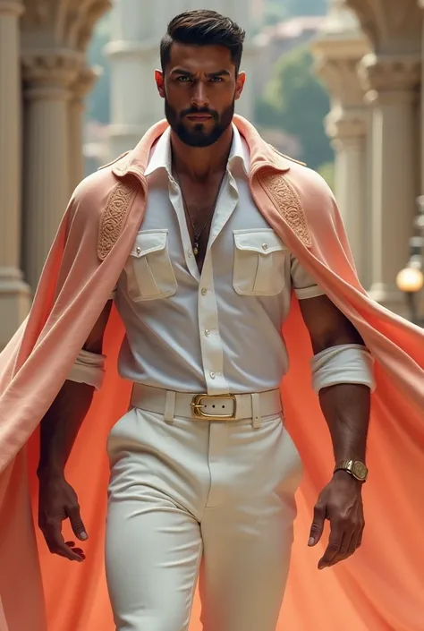 Create a masculine persona using a peach-colored cape, with white pants and white shirt 