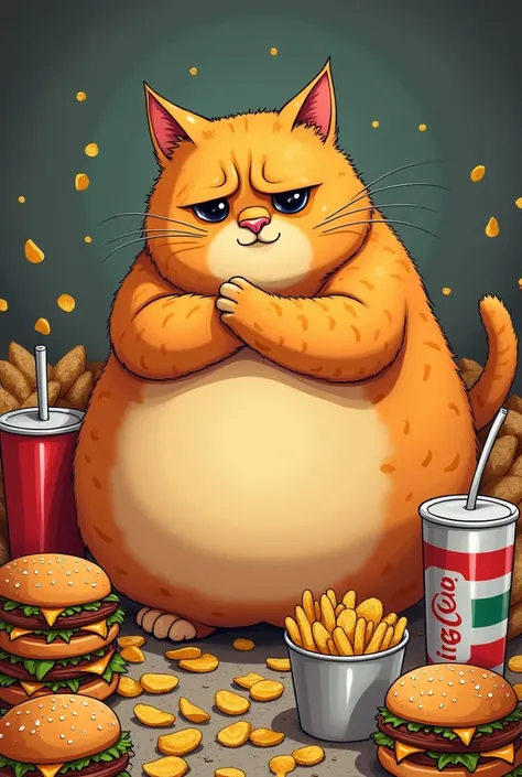 Make a sad fat orange cat with lots of hamburgers and chips with soft drinks around it in cartoon style 
