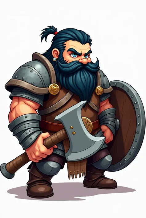 A CARTOON ILLUSTRATION OF AN RPG . A Dwarf Warrior, shorty, blue-eyed fat man , Big black hair with braids on the beard. with armor, holding a large axe with both hands and with a shield tucked behind his back