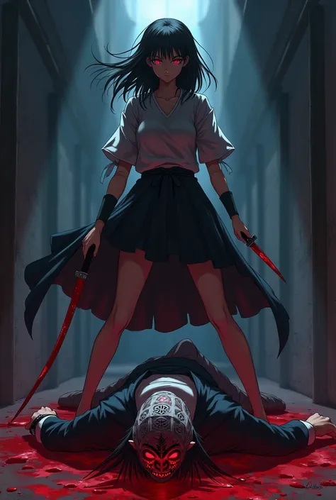 Hight quality, Anime japanese kanojo okarishimasu Chizuru, woman cut throat male by knife, blood splashed, male die, blood splashed, blood splashing, male ninja, male full face mask ninja