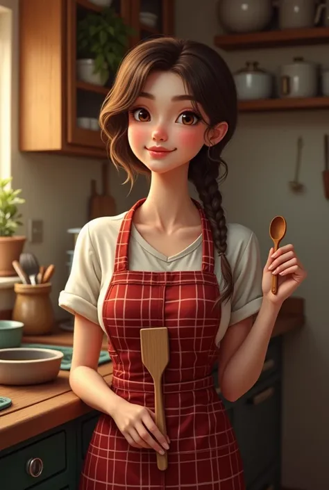 The image of a brown-haired woman bangs brown eyes short stature wearing a red plaid apron holding a wooden spoon in her hand 