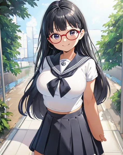  high definition、 animation、 beautiful Japanese girl 、Glasses、 black hair、Round face、Young body type、 short sleeve sailor suit、 skirt flip、Embarrassingly lifting her skirt by herself 、 have a smiling face、Young body type、 her extremely large breasts seem t...