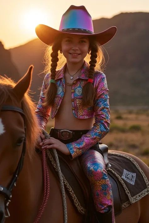 A 13 yr beautiful, attractive & strong lookinggirl, cyberpunk cowgirls wearing costume, American facial features. Wearing a multi colored cowboy hat, wearing a multi colored illuminating cyberpunk cowboy attires, with a beautiful, strong horse by her side,...