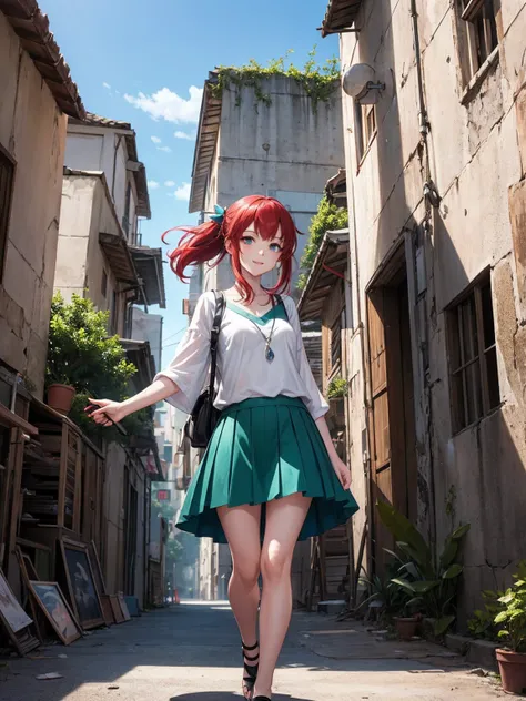 a woman,  Long hair a color red and bright turquoise tips . Her eyes are sky blue. subtle smile,   a woman in a green skirt and a white top standing in front of a building, Chica androide en ruinas egipcias,  ancient ruins behind her , Kantai Collection St...