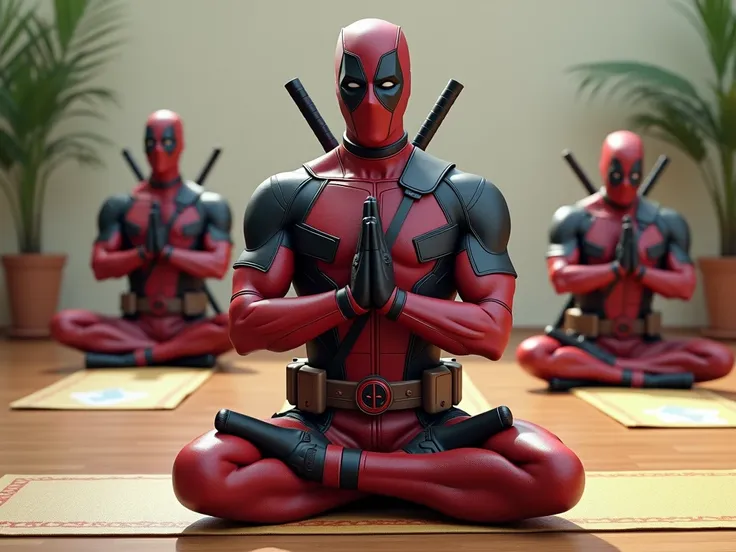 Deadpool doing yoga without using the phone