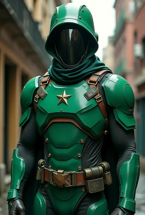 A green  vigilante with a green bucket on him with a bullet proof suit 