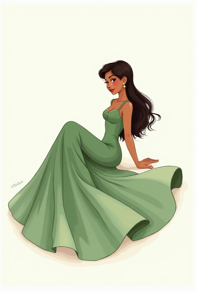 Disney style drawing , brown woman turned around on her back wearing a green 15-year-old dress with a completely white background
