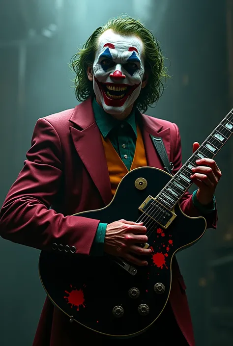 A terrifying-looking joker with red and blue colors with a smile showing his sharp teeth and using a black guitar with red spots