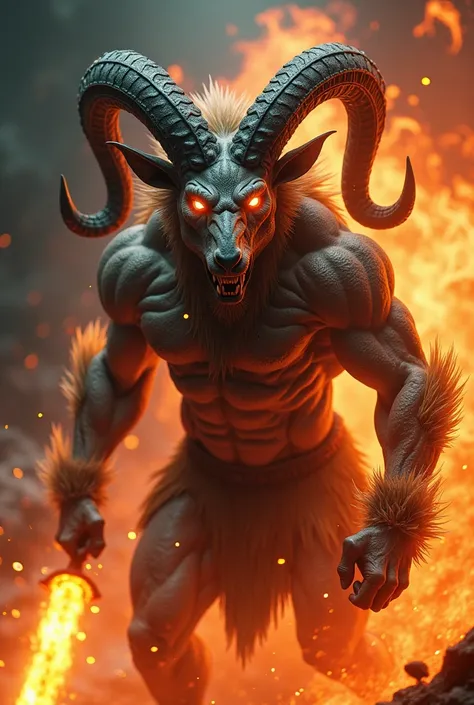 A fierce horned creature with sparkling eyes, surrounded by flames and wielding a flaming sword, representing the impulsivity and courage of Aries, detailed cinematic lighting, dramatic composition, digital art, intricate details, vibrant colors, (best qua...