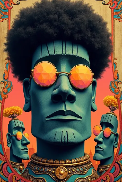 Antique art with moais with afro and disco lenses